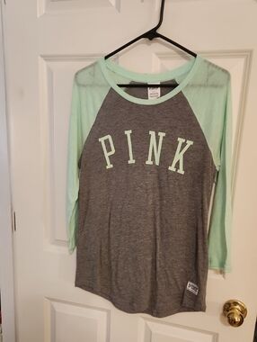 PINK Victoria's Secret Mint and Gray Raglan Long-Sleeve Tee